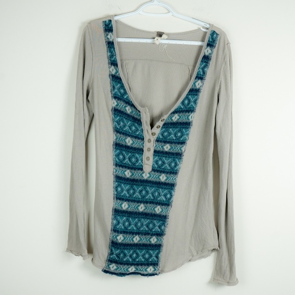 Free People Boho Aztec Henley Long Sleeve L - Picture 1 of 2